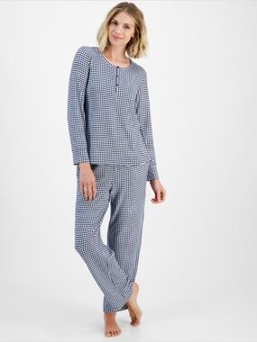 Charter Club Women's Printed Long-Sleeve Packaged Pajamas Top, Gingham Check, S